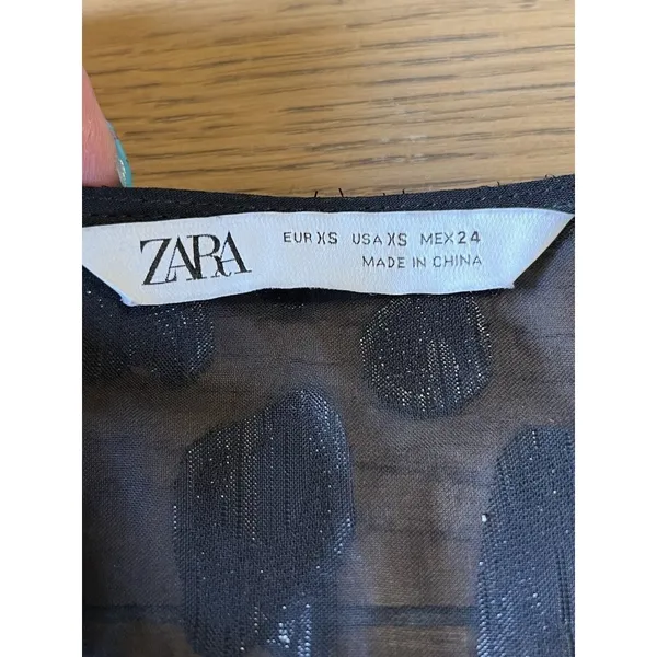Zara Women XS Black Sheer Long Sleeve‎ Embroidered Top Blouse Ruffle Front - Image 3