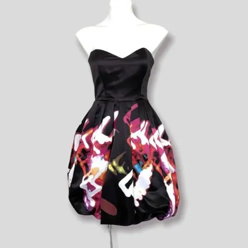 PARKER Remi Black Satin Print Strapless‎ Fit & Flare Party Dress 2 Hoco - Image 2