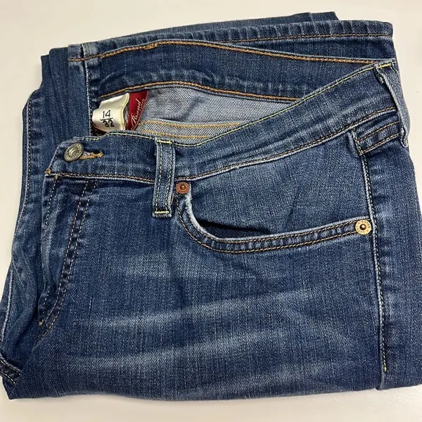 Lucky Brand Medium Blue Distressed 5- Pocket Mid-Rise Flare Jeans-Size 32/14 - Image 16