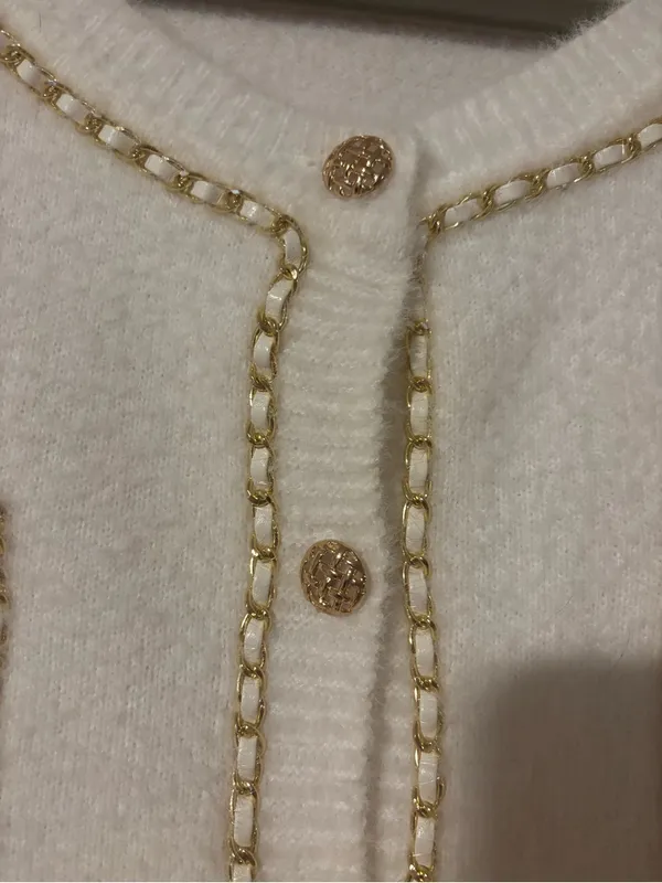 Nanette Lepore Cream Fuzzy Cardigan Sweater Gold Chain Trim‎ Tweed Vibez XL⁠ - Image 5