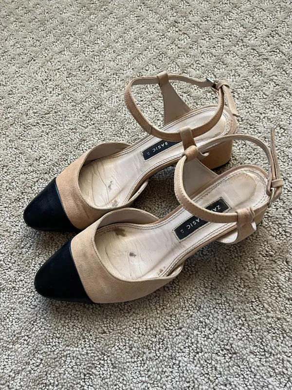 Zara Leather Slingback Block Heel Pump Strappy Beige Black Designer Size 6.5 - Image 2