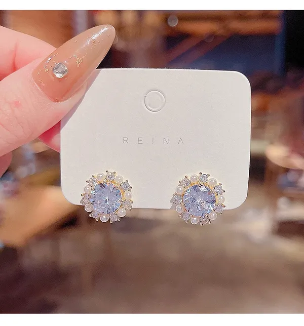 Women's Round Crystal Pearl Stud Earrings White - Image 4