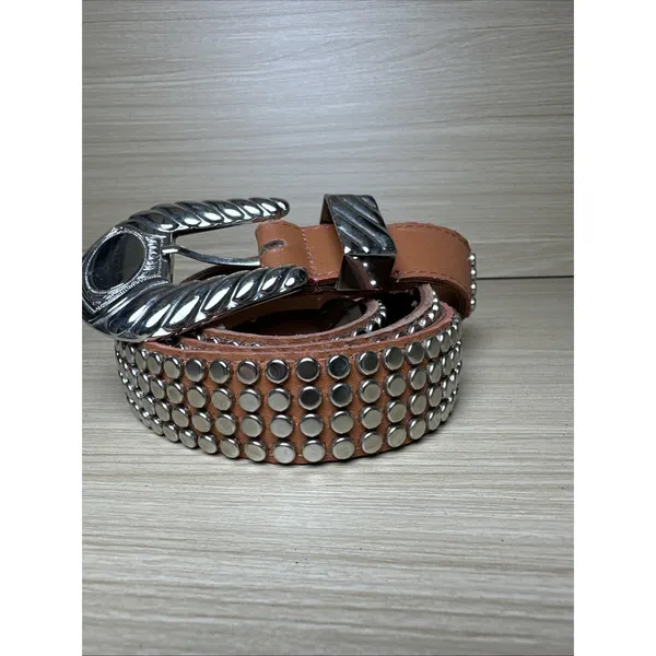 Vintage Statement Belt Womens A. Taylor Tan Silver Buckle Medium Studded‎ - Image 2