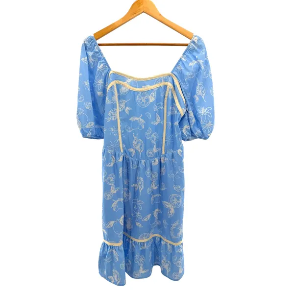 Baltic Born Ember Sweetheart Midi Dress Small S Blue Lemon‎ Floral Puff Sleeve - Image 4