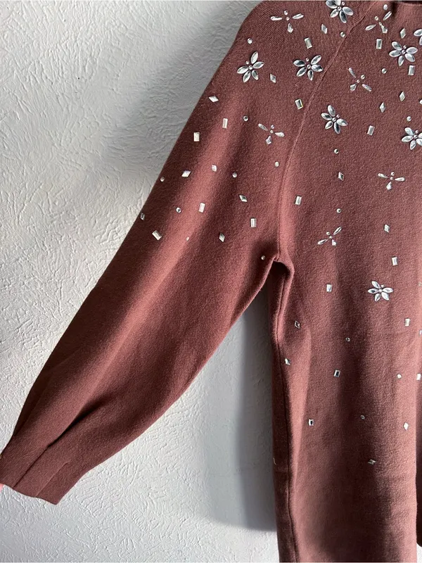 Anthropologie Sweater Dress ChocolateBrown Crystal Mock Neck Balloon Small - Image 3
