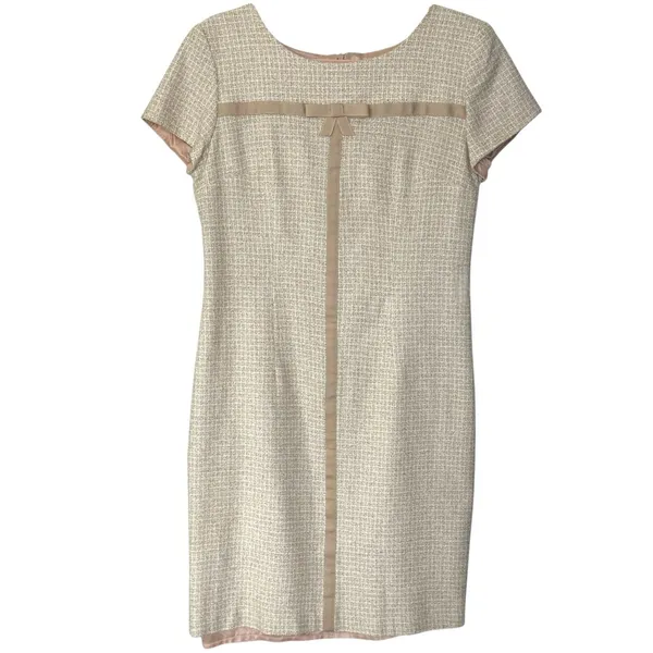 90s Vintage Tweed Mini Dress Short Sleeve Ribbon & Bow Size 6 Coquette Girl - Image 2
