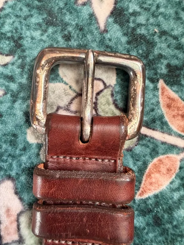 Vintage Chunky Brown Genuine Leather Belt with Solid Brass Buckle Silver Size 34 - Image 9