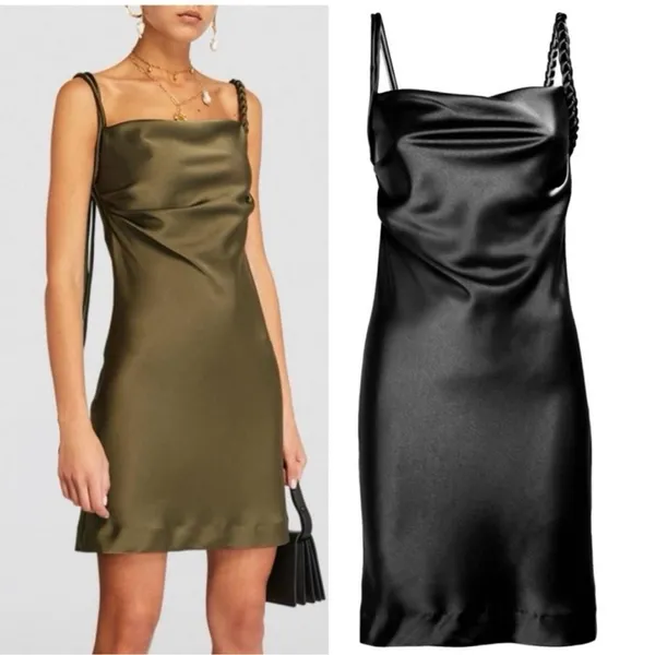 House Of Harlow 1960 x Revolve Black Satin Braided Strap Slip Mini Dress M $210 - Image 2
