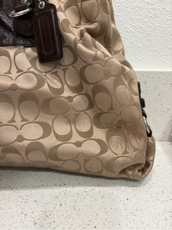 Coach Ashley Signature Sateen Carryall Satchel Bag F15510 Khaki Brown Leather⁠ - Image 4