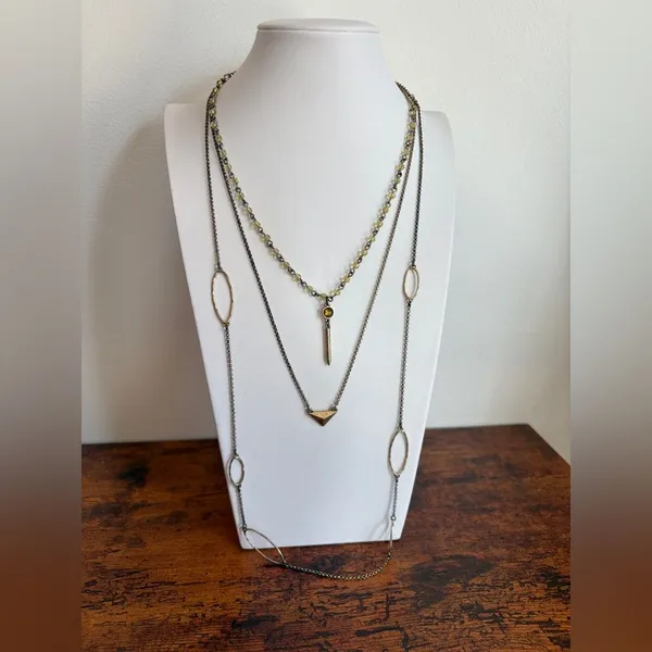 Layered Gold-Tone and Olive Bead Multi-Strand Necklace - Image 2