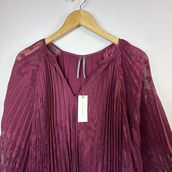 Anthropologie Toulon Pleated Bell Sleeve Mini Dress x Small Burgundy Boho xs NWT - Image 7
