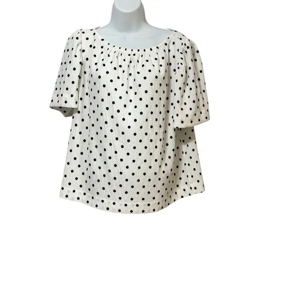 LOFT Womens Polka Dot Short Puff Sleeve Textured Blouse White Black Size M NEW - Image 2