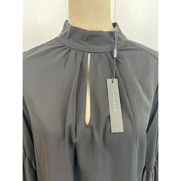 T Tahari Blouse Womens Size S Black Mock Neck Keyhole Large Bell Sleeve Chic - Image 8