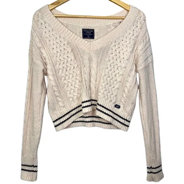 Abercrombie & Fitch Cream Cable Knit Stripe Cropped Varsity V-Neck Sweater Sz XS - Image 2