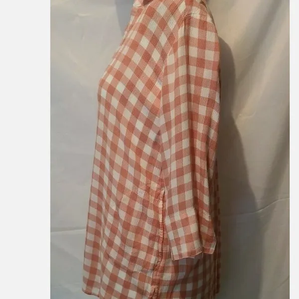 Soft Surroundings Orange White‎ Gingham Tunic Top V-Neck 3/4 Sleeve Rayon 3BA17 - Image 3