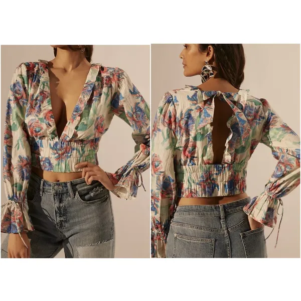By‎ Anthropologie Boho Tie Back Floral Ruffle Long Sleeve Crop Top Women's Small - Image 2