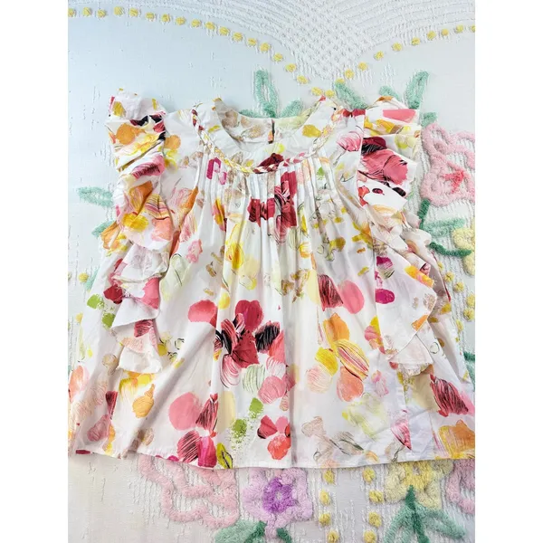 FAIRHOPE White Floral Ruffle Sleeve Pintuck Neck Blouse Women's‎ Medium - Image 11