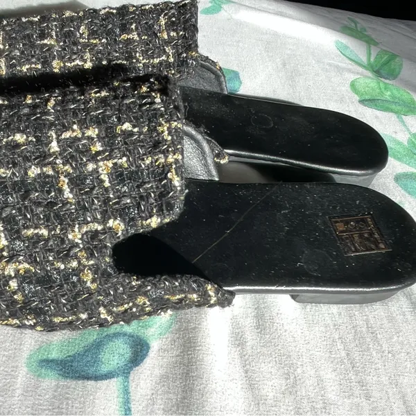 Black and Gold Textured Mules with Open Heel size 7.5/39 Sandals Elegant - Image 3
