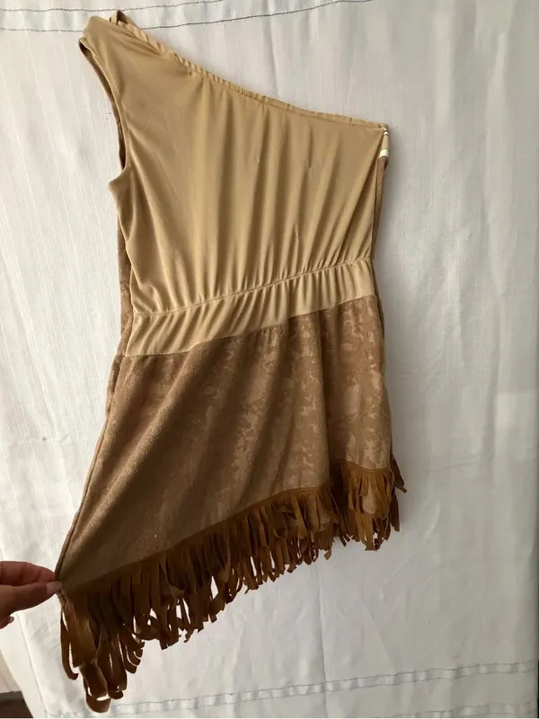 Women’s Size M One Shoulder Fringe Suede Mini Dress Western Boho Tan (A650) - Image 10