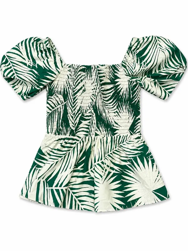 Milly Peplum Top Womens Large‎ Green White Palm Leaf Puff Sleeve Smocked - Image 2