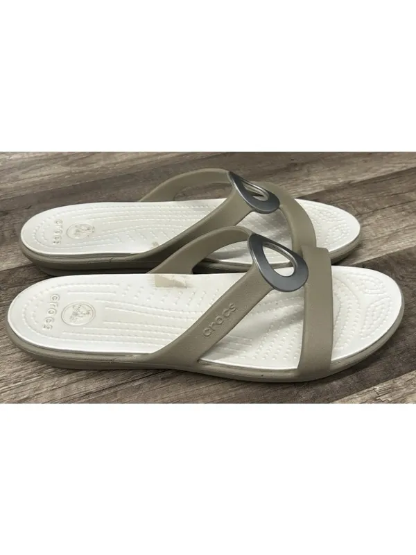 Crocs Sanrah Sandals Women Size 9 Beveled Circle Wedge Khaki Oyster Slip On Shoe - Image 2