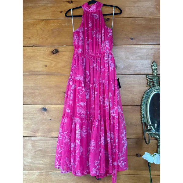 NWT Lulus Float to You Hot Pink Floral Print Halter-Neck Tiered Midi Dress Sz M - Image 2