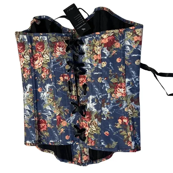 ALIVILA Y Fashion Corset Denim Floral Lace Up Back Strapless Bustier Size Medium - Image 2