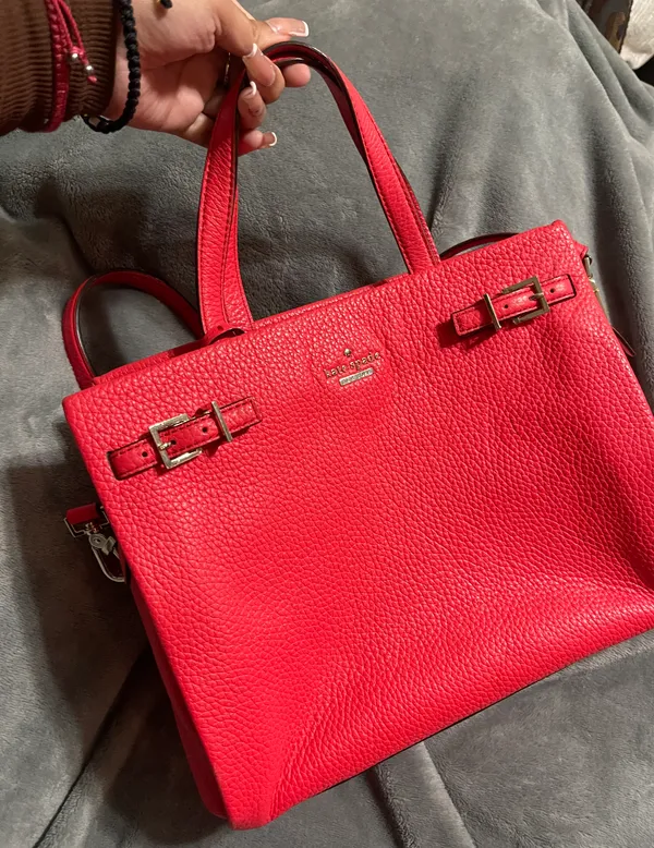 Kate Spade New York Red Pebbled Satchel Bag with Buckle, Gold Hardware - Image 4