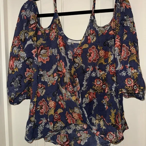 Bishop + Young Blue Romantic Floral Boho Cold Shoulder Blouse Women'S Sz L - Image 3