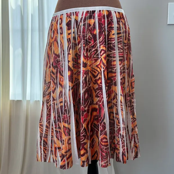 90s Vintage Lapis Midi Skirt M Boho Print Mesh Pleated Panel Summer Whimsy Fairy - Image 2
