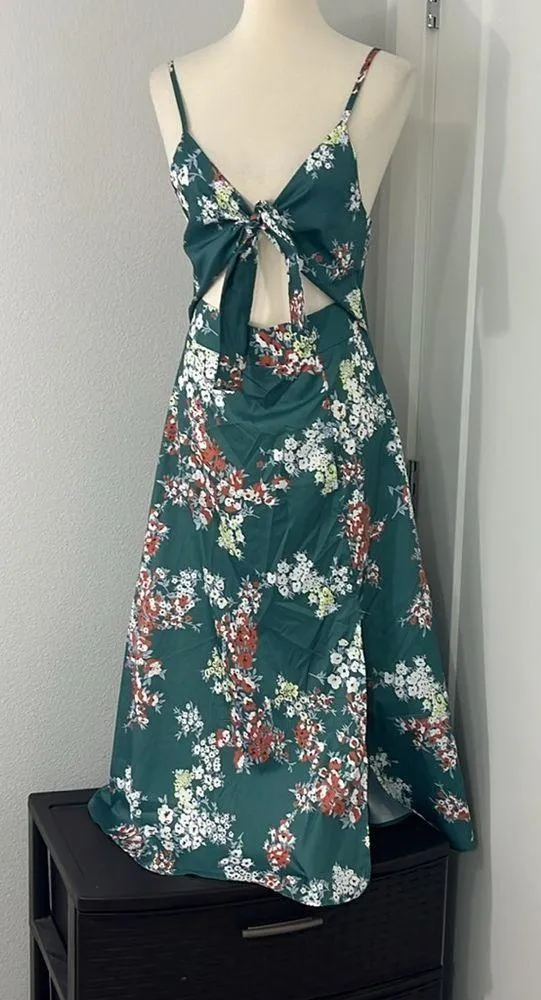 Medium Green, White Floral Tie Front Faux Wrap Midi Dress - Image 3