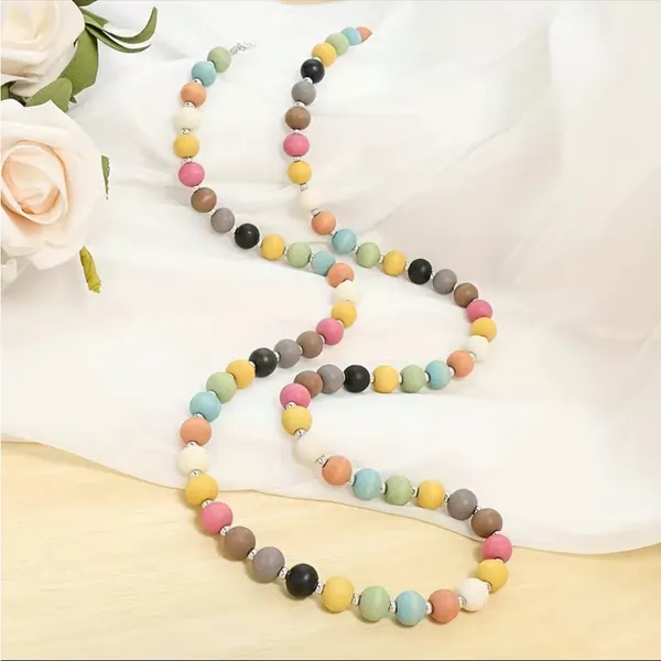 Bohemian Style Colorful Wooden Beads Necklace Macaron‎ Color 16in Sweater Chain - Image 3