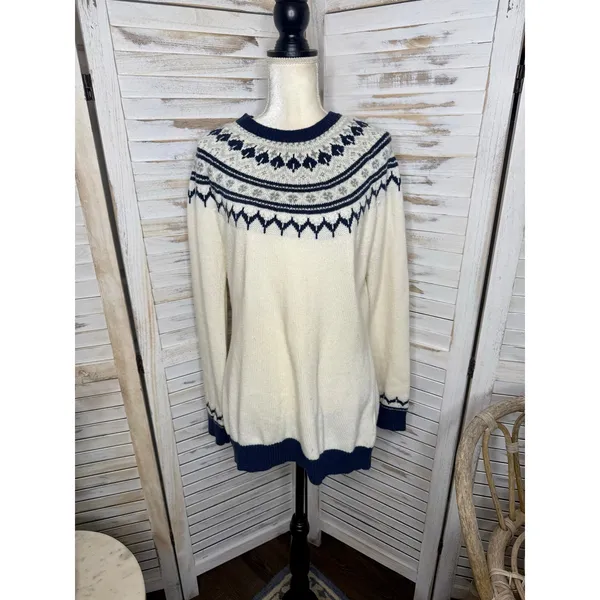 AMOUR VERT Women's XL Whistler Nordic Fair Isle Ribbed Knit Sweater Navy Cream - Image 3