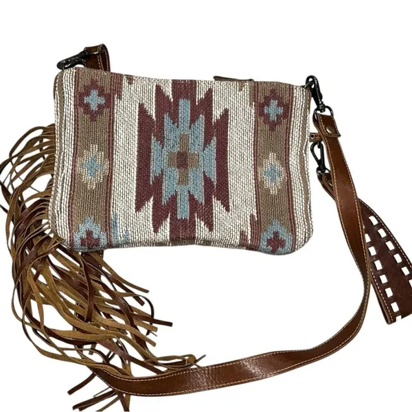 Myra Bag Brown Hand Tooled Tassels Crossbody Handbag Clutch Purse - Image 4