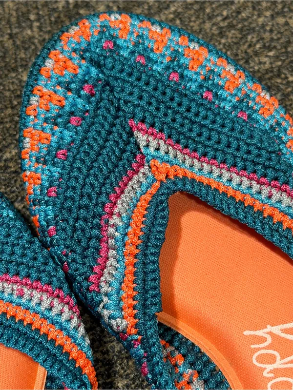 🆕Poppy x Free People Teal Crochet Ballet Flats with Orange and Pink Accents - Image 5