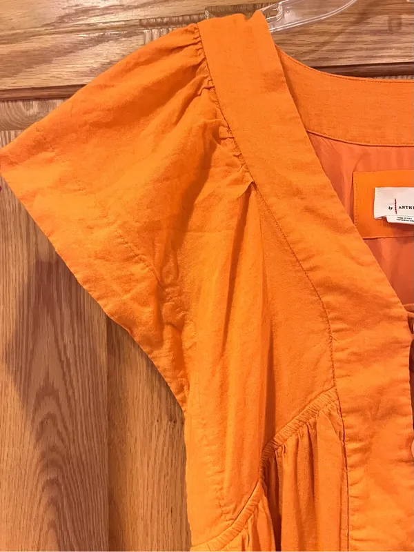 Reneé Flutter-Sleeve Linen Button-Front Midi Dress Pockets Orange Size Medium - Image 11