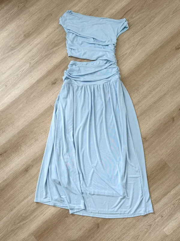 Cider Asymmetrical Neck Ruched Waist Cutout High Stretch Bodycon Maxi Dress - Image 3