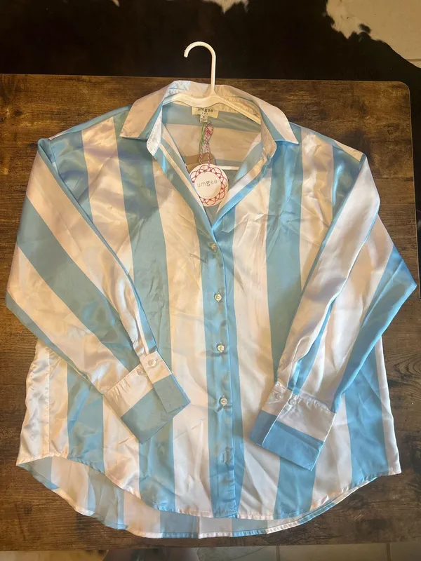 Umgee Light Blue-White Stripped Blouse - Image 2