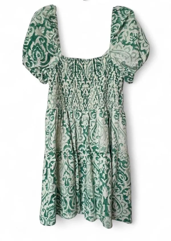 House Of Harlow 1960 Puff Sleeve Hook & Eye Linen Blend Mini Dress M Ivory/Green - Image 5