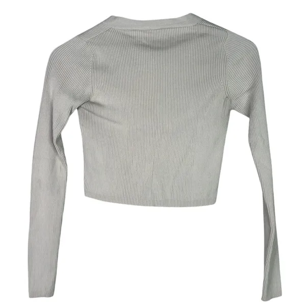Zara Cropped V Neck Long Sleeve Fitted Ribbed Knit Button Down Sweater XS Beige - Image 13