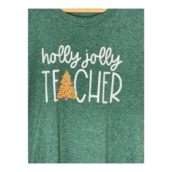 Holly Jolly Teacher Graphic T-Shirt Womens Large Green‎ Christmas Tee Leopard - Image 3