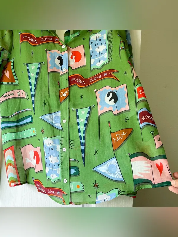 Sézane x Pangea Pierro Shirt Flag Print Green 36 NWT - Image 4
