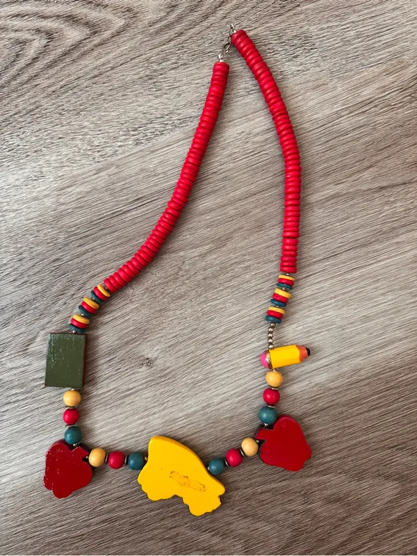 Teacher School Necklace Beaded Pencil Apple Bus Whimsical Vintage Red - Image 4