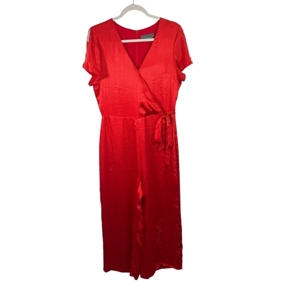 Anthropologie Maquelle Red Satin Short Sleeve Wide Leg Jumpsuit NEW Womes Medium - Image 3