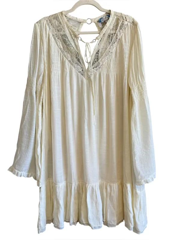 J.Gee Boho Crochet Lace Tiered Mini Dress Cream Bell Sleeve XL New - Image 2
