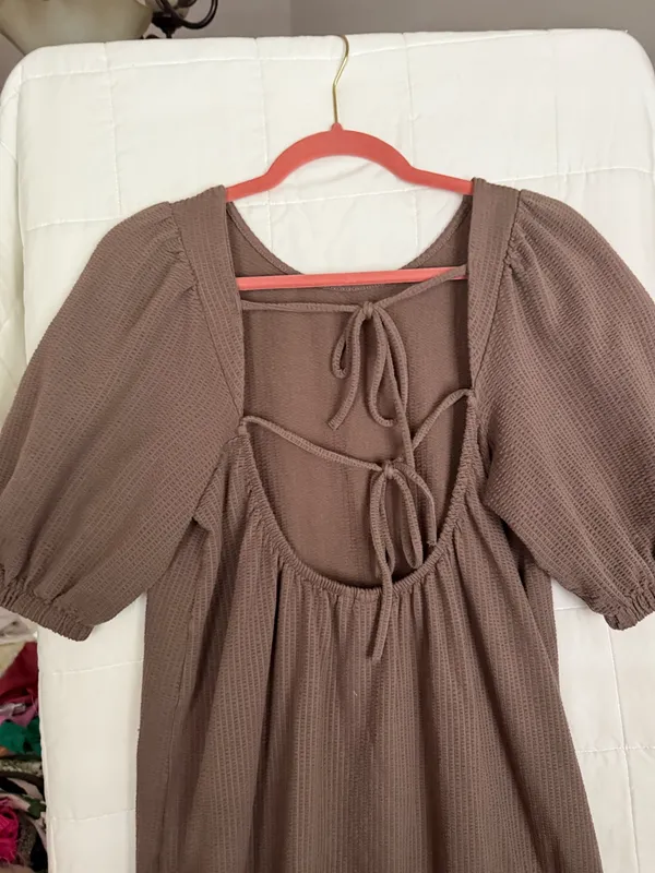 Long brown puff sleeve modest back tie dress fall style midi maxi long dress - Image 9