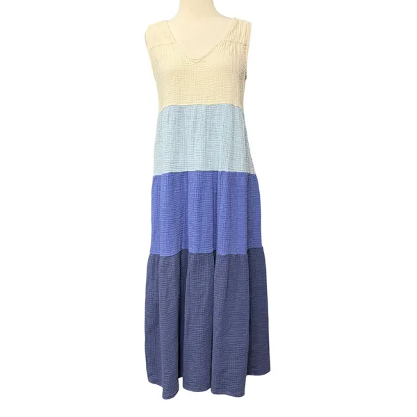 Marine Layer Corinne Colorblock Tiered Maxi Dress Womens S Blue Cotton Gauzy - Image 2