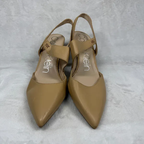 Calvin Klein Tan Leather Pointed Toe Slingback Asymmetrical Strap Heels 9.5‎ - Image 2