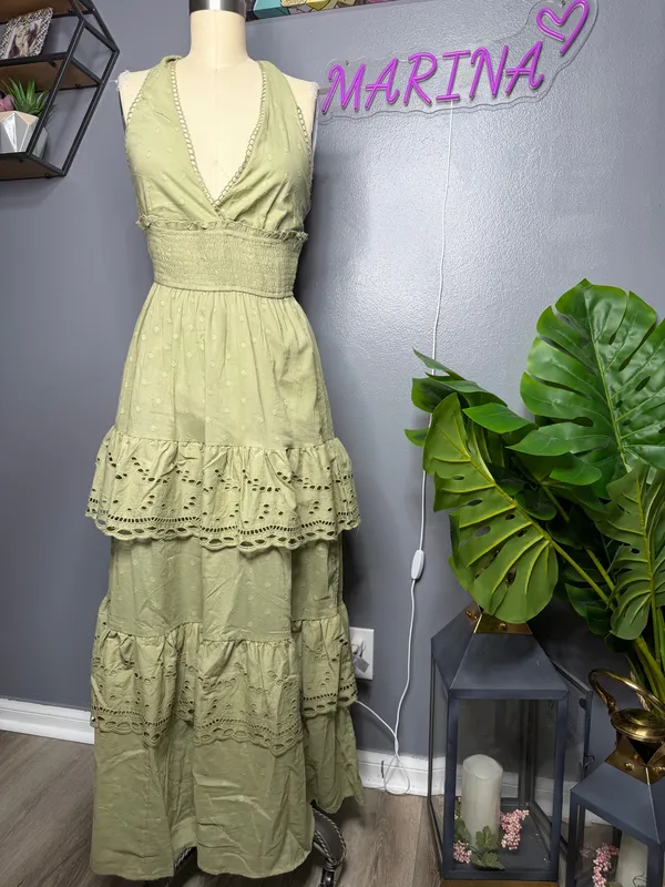 100% cotton Boho Sage Green Eyelet Tiered Halter Maxi Dress - Image 3