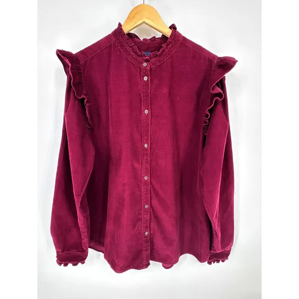 Gap Corduroy Ruffle Shirt Womens XL Tall Burgundy Long Sleeve Button Up - Image 2